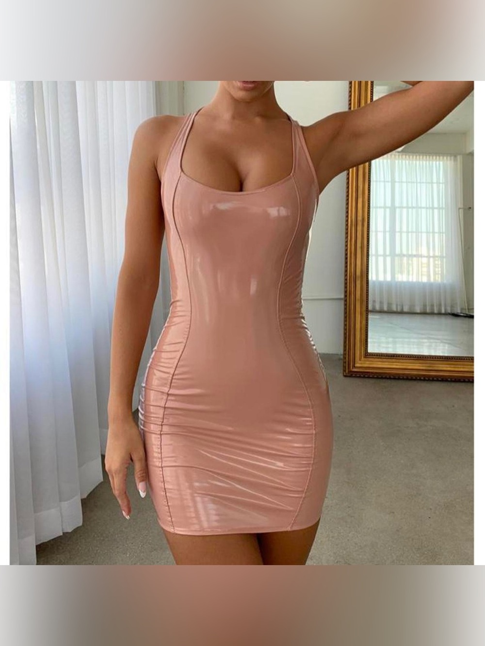 Sleeveless Shiny Bodycon Mini Dress Nude Pink Patent look Vinyl Racerback Dress